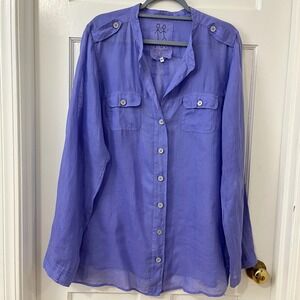 Johnny Was Pete & Greta Linen Shirt  XL Blue Sheer Safari Button Up Epaulets